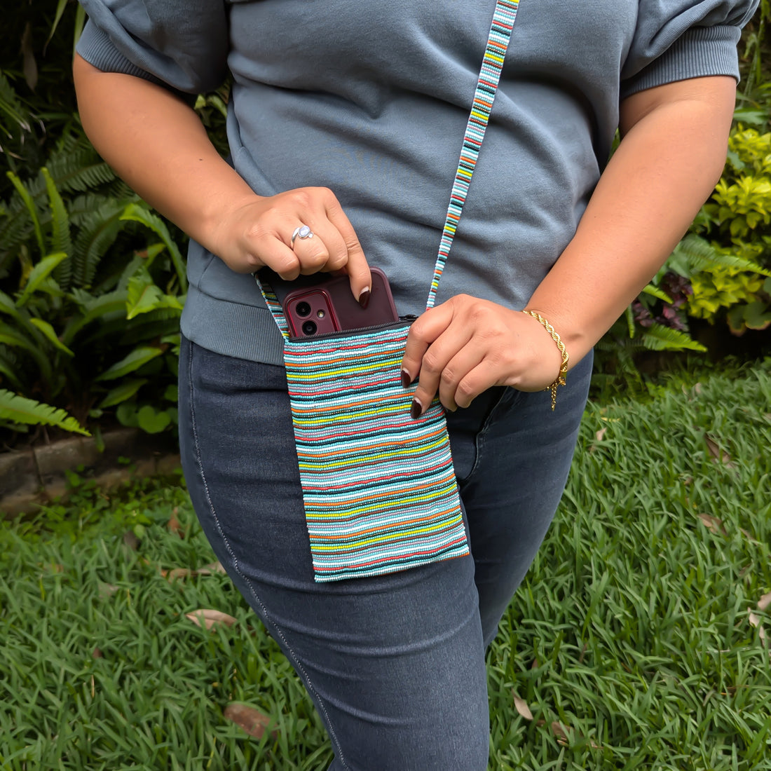 WHOLESALE Beaded Crossbody Cellphone Purse - Nature